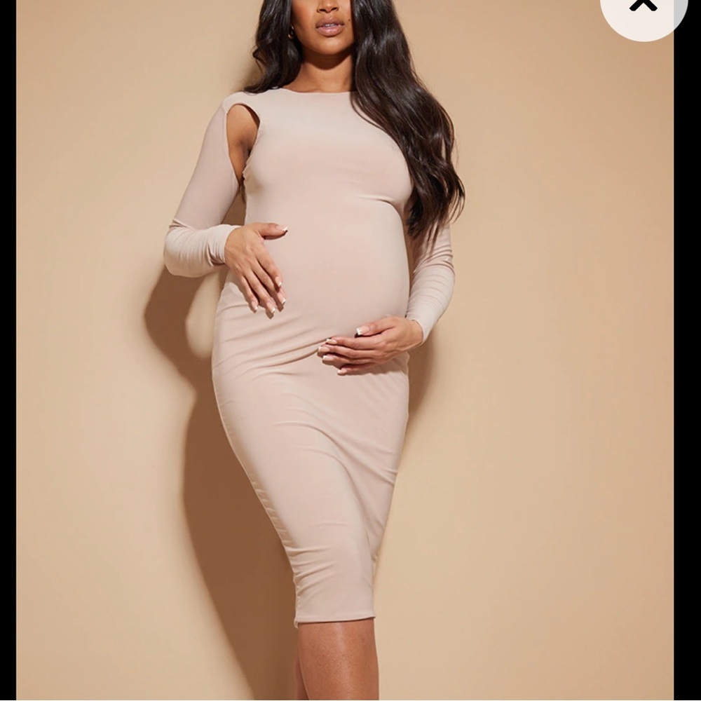 Pretty Little Things Maternity Stone Slinky L/S Cut Out Shoulder Midi Dress - 6